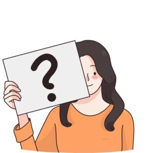 a girl holding a label with a question mark inside