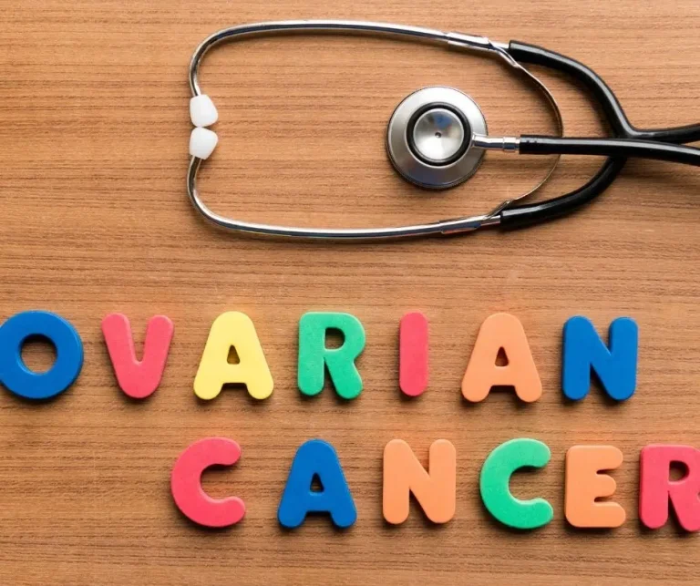 a stethoscope and colorful letters that shape the words ovarian cancer